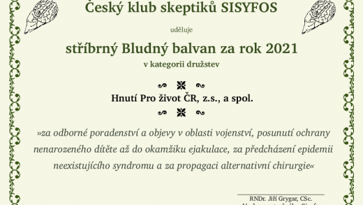 Stříbrný Bludný balvan v kategorii družstev za rok 2021 - Hnutí Pro život Stříbrný Bludný balvan v kategorii družstev za rok 2021 - Hnutí Pro život