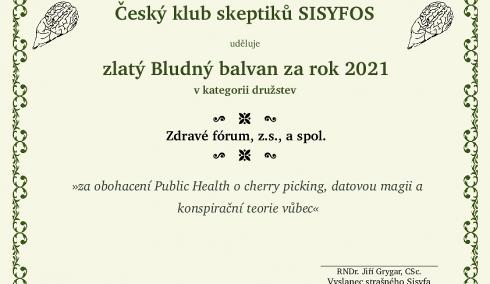 Zlatý Bludný balvan v kategorii družstev za rok 2021 - Zdravé fórum a spol.